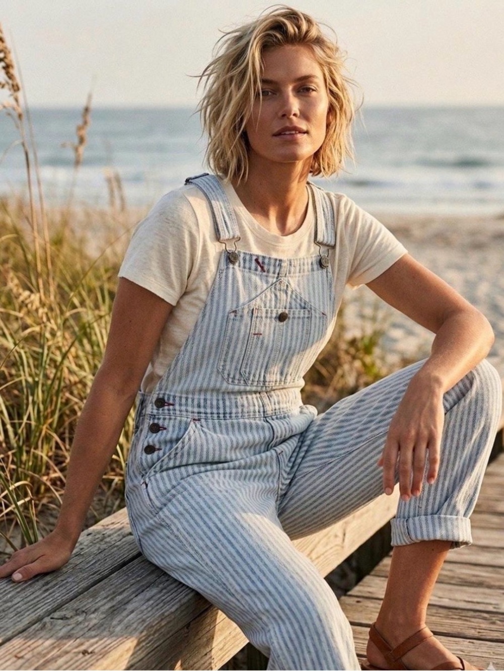 NWT FAHERTY Topsail Railroad Striped Light Wash Denim Overalls Size XL